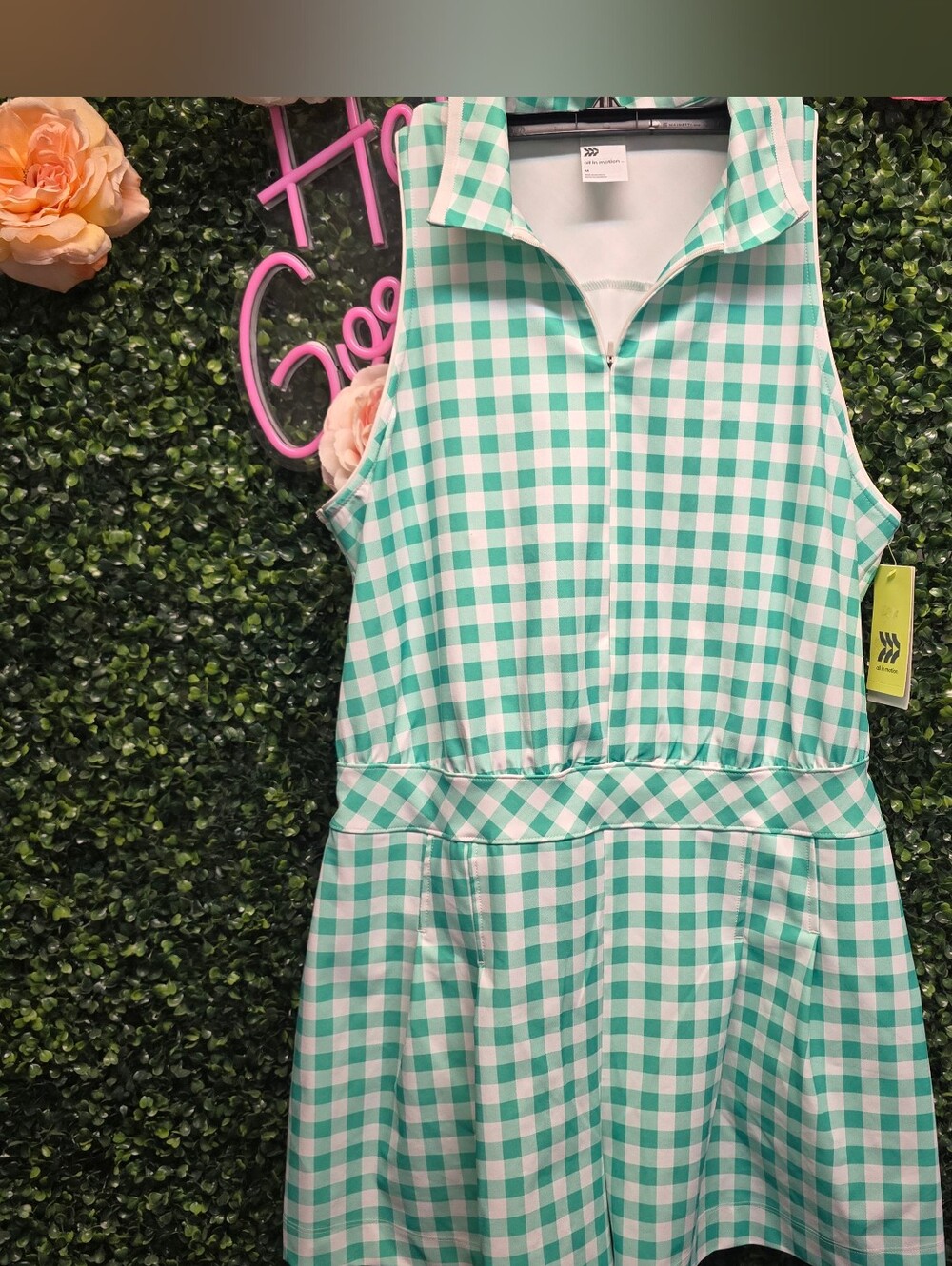 All In Motion Women's Sleeveless Knit Pleated Romper Green Gingham - Picture 4 of 4